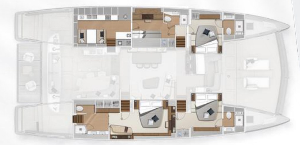 Innenlayout der Lagoon Sixty 7 – 4 Kabinen, 4 Bäder, Galley Down