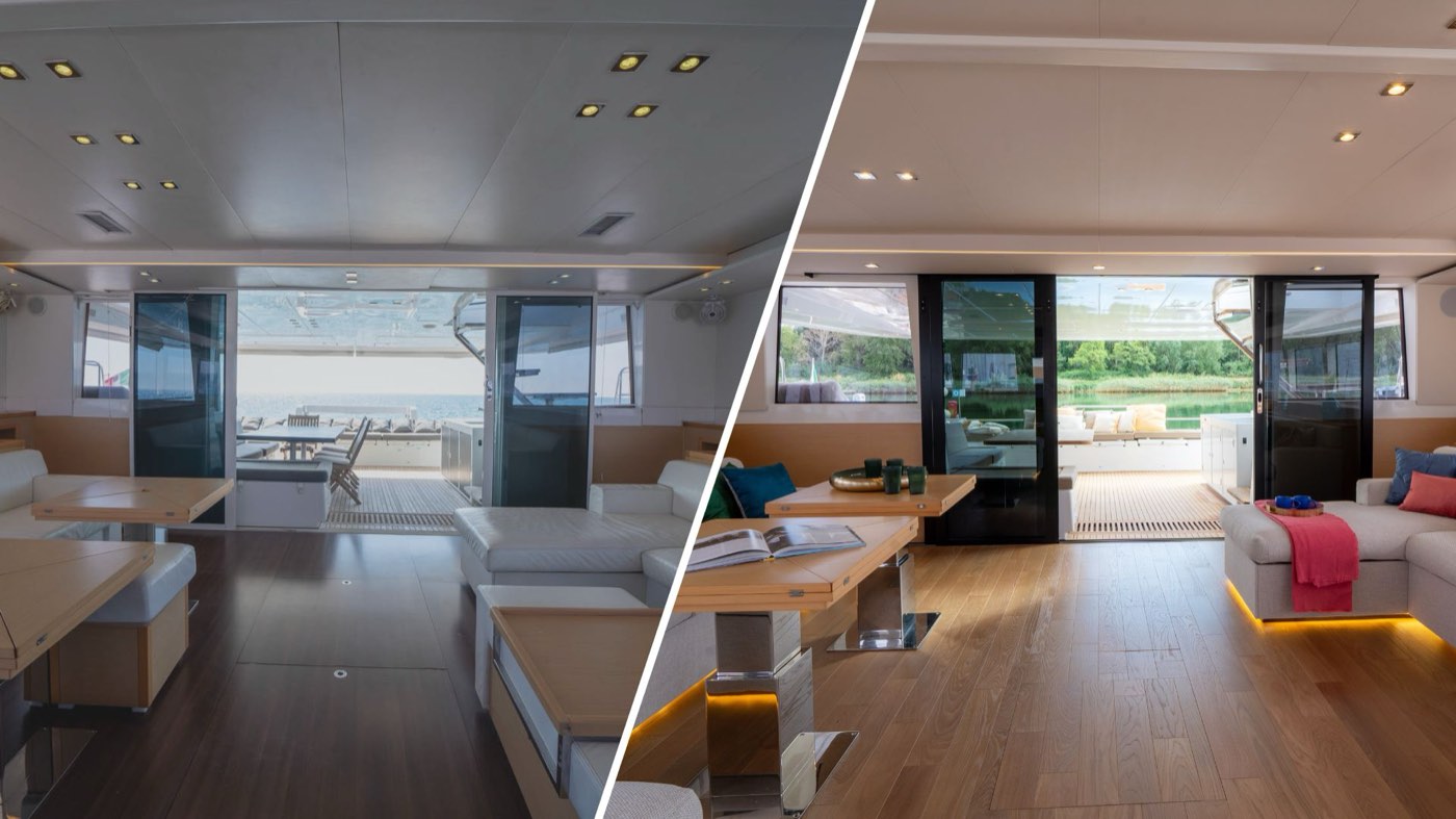 Salon der Lagoon 620 vor und nach dem NEO-Refit